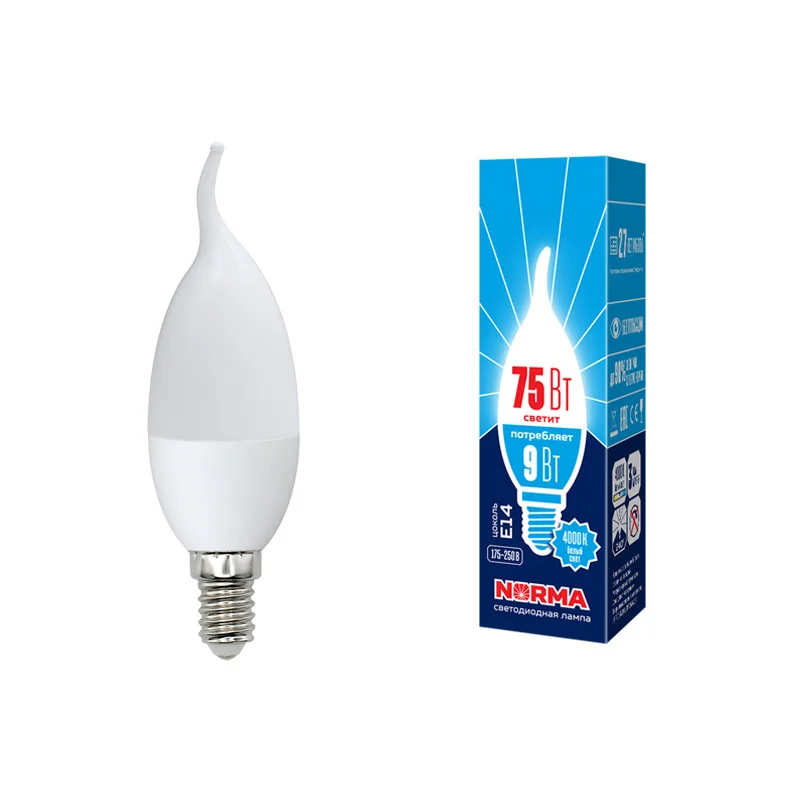 Лампа светодиодная 9W E14 220V 4000К 750Лм (белый) Свеча на ветру матовый (CW37) Volpe Norma