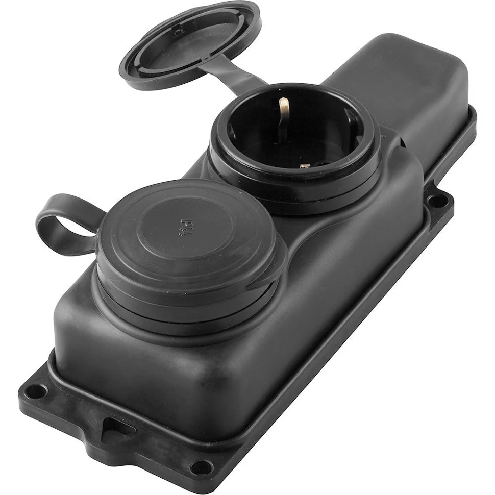 Колодка каучуковая с заземлением 2 гнезда 16А IP44 черная Китай STEKKER RST16-22-44 (РП 16-232)