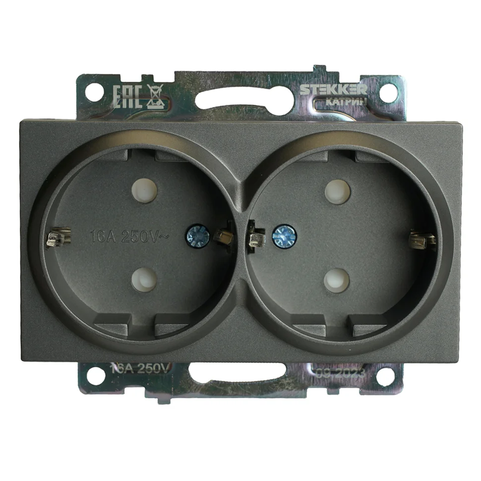 Розетка 2-местная (механизм) СП STEKKER Катрин с защитной шторкой с заземлением, 250В, 16А (GLS16-7114-06) графит