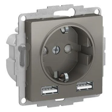 Механизм розетки 3-м СП AtlasDesign 16А IP20 с 2-мя заряд. устройствами USBA+A 5В/2.4А 2х5В/1.2А сталь Schneider Electric ATN000930
