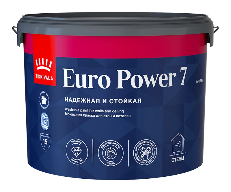 Краска ВД интерьерная моющаяся матовая Tikkivala (Tikkurila) EURO POWER 7 База А 9л Краска ВД интерьерная моющаяся матовая Tikkivala (Tikkurila) EURO POWER 7 База А 9л