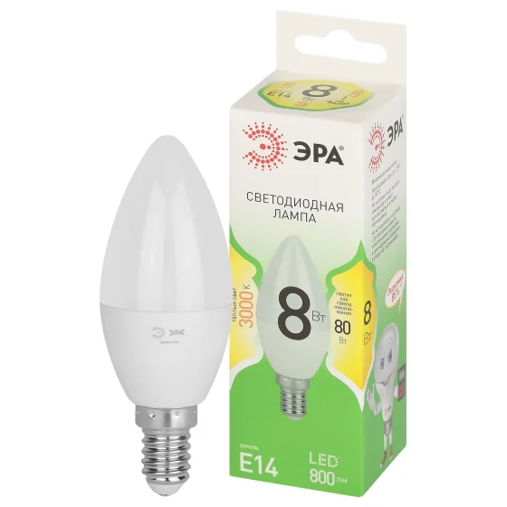 Лампа светодиодная 8W E14 220V 3000К 800Лм (теплый) Свеча (B35) ЭРА, GREEN LINE LED B35-8W-830-E14 GL