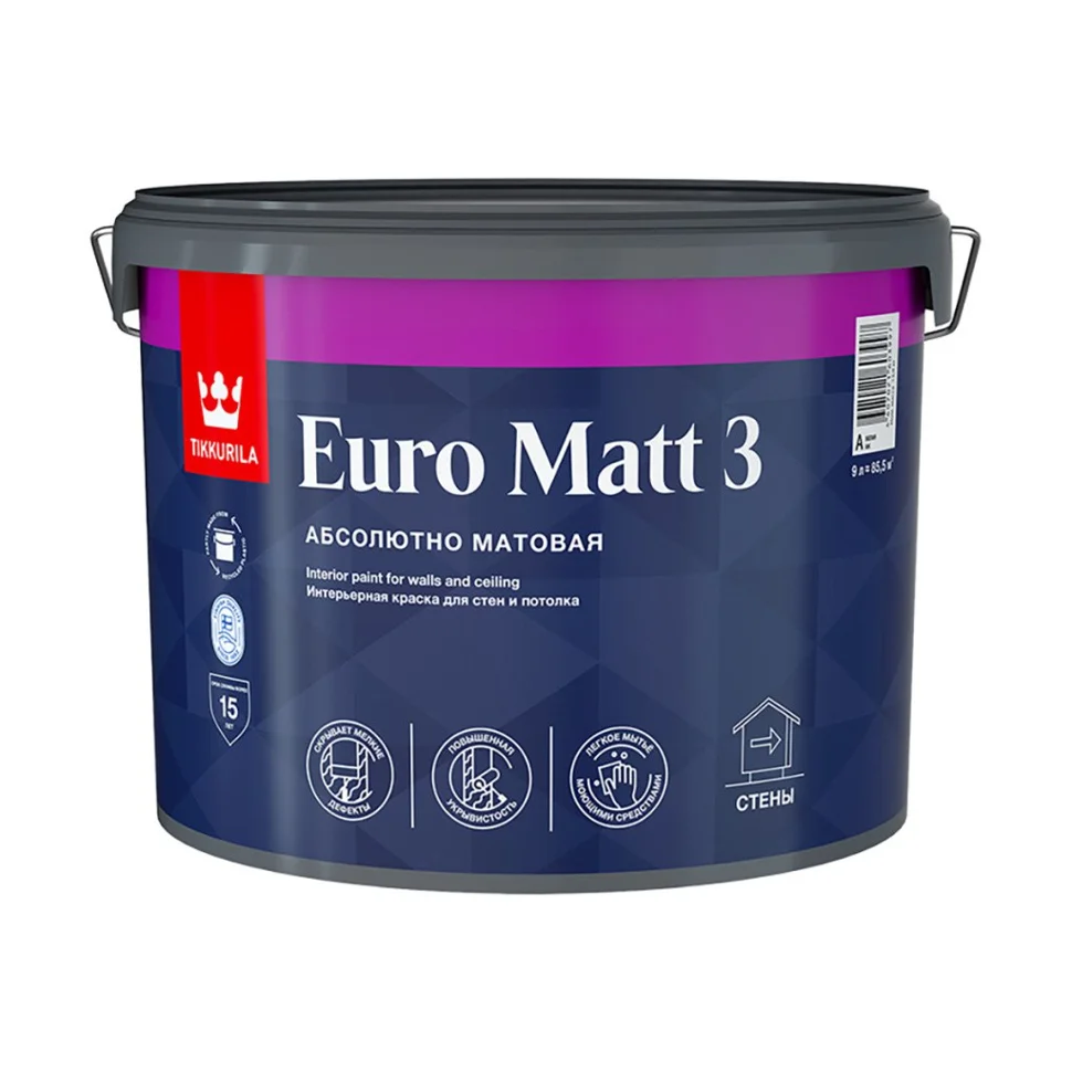 Краска ВД интерьерная глубокоматовая Tikkurila EURO MATT 3 База A 9л