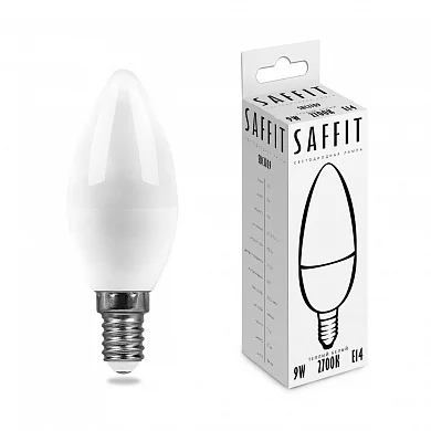 Лампа светодиодная 9W E14 230V 2700K 810Лм (желтый) Свеча (C37) SAFFIT, SBC3709
