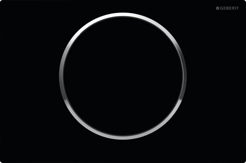 Клавиша смывная GEBERIT Sigma 10 NEW, одинарный смыв, рамка-черная /кнопка-черная /кольцо-хром глянцевый