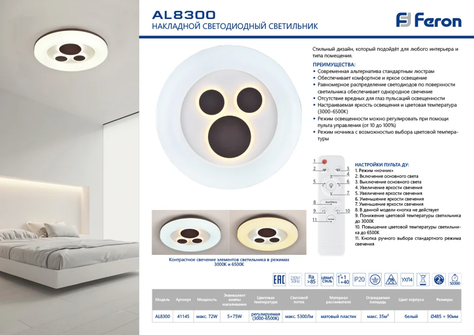 Светильник светодиодный 72W, Max. 5300Lum, 3000К-6500K, управляемый, AL8300 Feron*