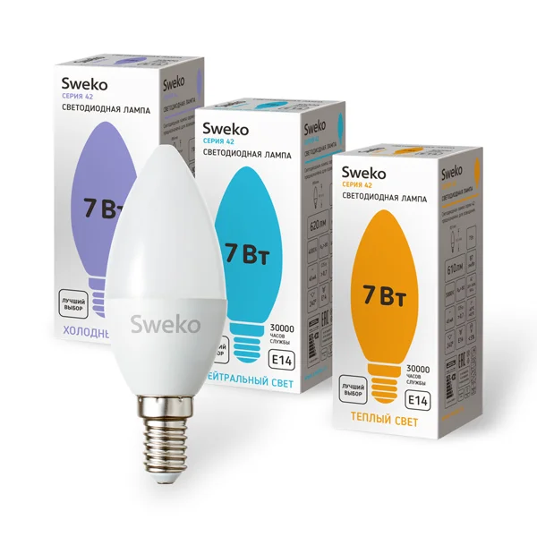 Лампа светодиодная 7Вт E14 220В 3000K 610Лм (теплый) Свеча (C35) Sweko 42 серия 42LED-C35-7W-230-3000K-E14-P Лампа светодиодная 7Вт E14 220В 3000K 610Лм (теплый) Свеча (C35) Sweko 42 серия 42LED-C35-7W-230-3000K-E14-P