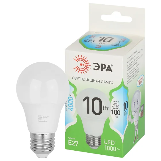 Лампа светодиодная 10W E27 220V 4000К 1000Лм (белый) Груша (A60) ЭРА, GREEN LINE LED A60-10W-840-E27 GL
