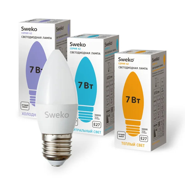 Лампа светодиодная 7Вт E27 220В 6500K 630Лм (холодный) Свеча (C35) Sweko 42 серия 42LED-C35-7W-230-6500K-E27-P Лампа светодиодная 7Вт E27 220В 6500K 630Лм (холодный) Свеча (C35) Sweko 42 серия 42LED-C35-7W-230-6500K-E27-P