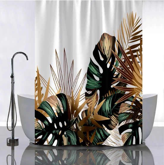 Штора для ванной САНАКС полиэстэр, 180*180см, ТРОПИЧЕСКИЕ ЛИСТЬЯ с ЗОЛОТОМ без колец, арт.01-111 Штора для ванной САНАКС полиэстэр, 180*180см, ТРОПИЧЕСКИЕ ЛИСТЬЯ с ЗОЛОТОМ без колец, арт.01-111