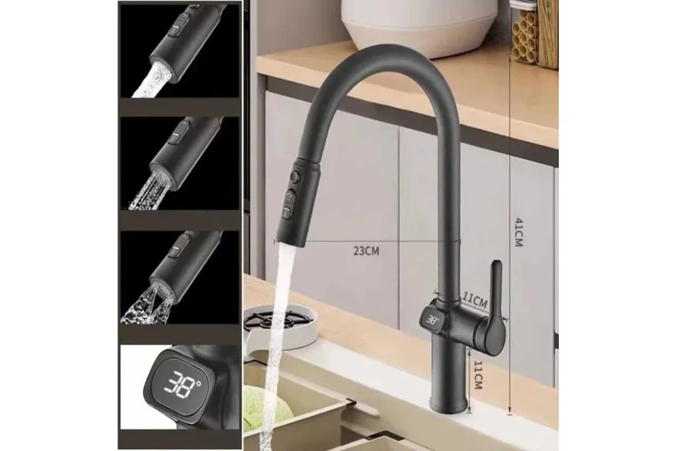 Смеситель ESKO K15B LED Black для кухни вытяжной с дисплеем, матовый чёрный