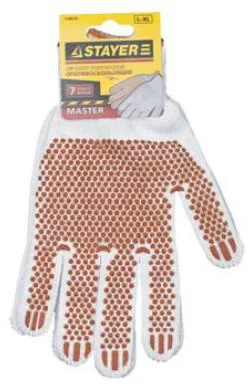 Перчатки трикотажные STAYER "МASTER", 7 класс, х/б, с защитой от скольжения, L-XL