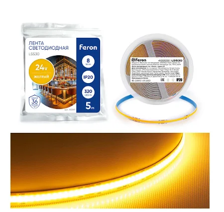 Лента светодиодная 320SMD(2110) 8Вт/м 24V 5000*8*1.8мм IP20, желтый, LS530 FERON