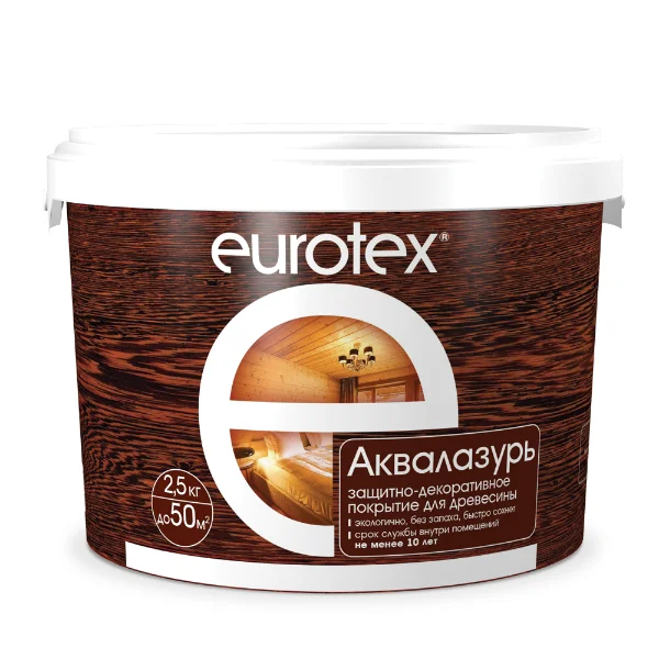 Покрытие защитно-декоративное для дерева "EUROTEX" АКВАЛАЗУРЬ (калужница) - 2,5 кг УФ защита, полуглянец ( Т-ра перевозки не ниже +5град)