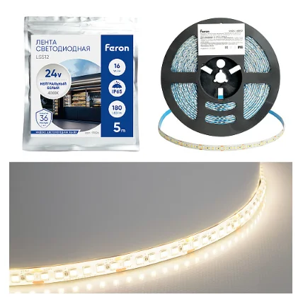 Лента светодиодная 180SMD(2835)/м 16Вт/м 24V 5000*10*2.3мм 4000К IP65, LS512 FERON