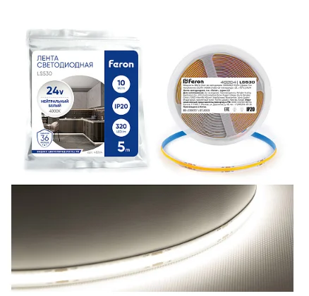 Лента светодиодная 320SMD(2110) 10Вт/м 24V 5000*8*1.8мм IP20 4000К, LS530 FERON