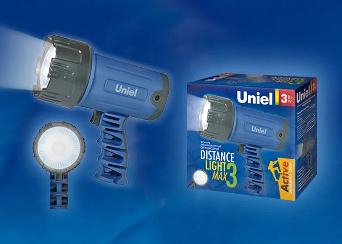 Фонарь-прожектор Uniel Стандарт &#171;Distance light-3 max&#187;, прорезиненный корпус, 3 Watt LED, 3.6V 1200mA Ni-MH, синий, S-SL010-BA Blue