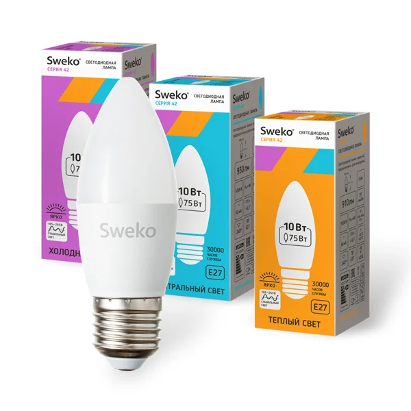 Лампа светодиодная 10Вт E27 220В 6500K 950Лм (холодный) Свеча (C35) Sweko 42 серия 42LED-C35-10W-230-6500K-E27 Лампа светодиодная 10Вт E27 220В 6500K 950Лм (холодный) Свеча (C35) Sweko 42 серия 42LED-C35-10W-230-6500K-E27
