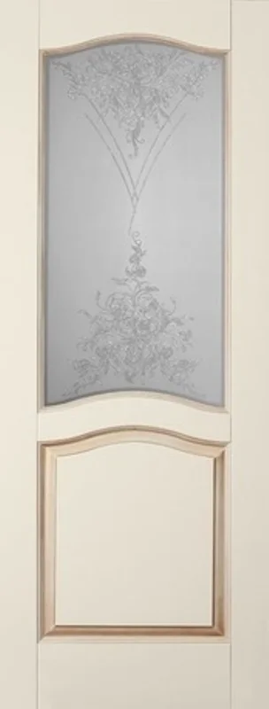 Дверь ОКА "Лео" стекло графит с наплавом эмаль слоновая кость патина 80 (массив ольхи)