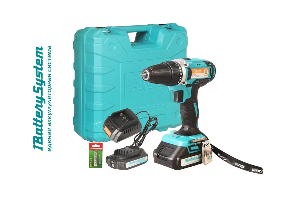 Дрель-шуруповерт аккумуляторная 20В, 1BatterySystem, 32Нм, конусный патрон, 2х2.0Ач, кейс Sturm Дрель-шуруповерт аккумуляторная 20В, 1BatterySystem, 32Нм, конусный патрон, 2х2.0Ач, кейс Sturm