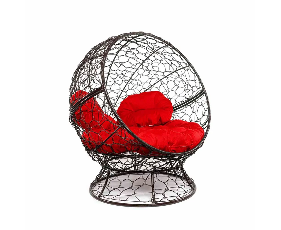 Кресло АПЕЛЬСИН с ротангом коричневое, красная подушка