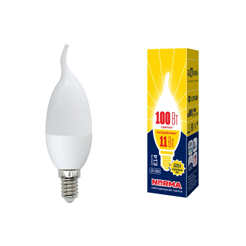Лампа светодиодная 11W E14 220V 3000К 900Лм (теплый белый) Свеча на ветру матовый (CW37) Volpe Norma