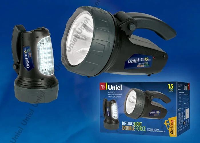 Фонарь-прожектор Uniel Стандарт &#171;Distance light-Double force&#187;, пластик, 3 W LED + 15 LED, 3, 7 V 1000 mAh Lithium, черный, S-SL017-BA Black