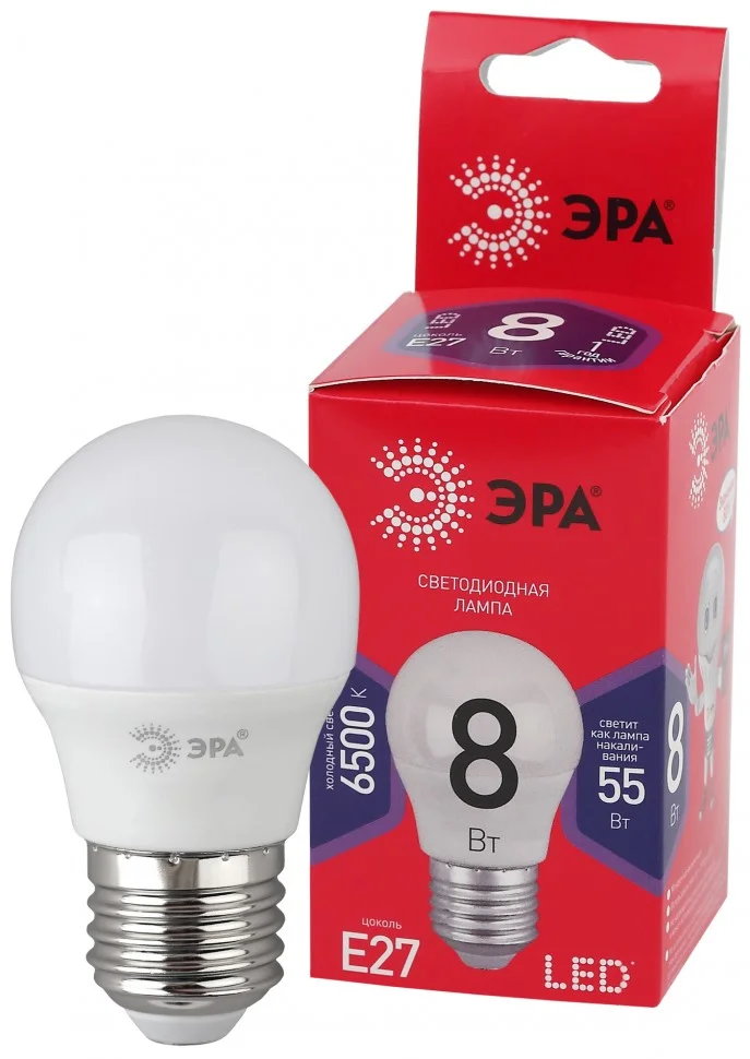 Лампа светодиодная 8W E27 6500K (холодный дневной) шар (P45) ЭРА RED LINE LED P45-8W-865-E27 R