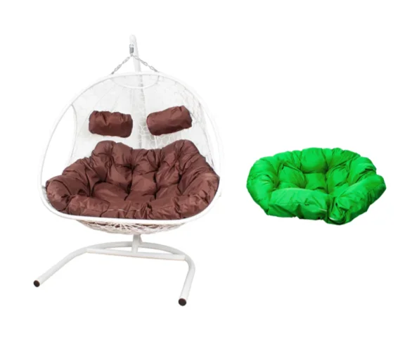 Подвесное кресло ДОБРЫНЯ с ротангом белое, зелёная подушка Подвесное кресло ДОБРЫНЯ с ротангом белое, зелёная подушка