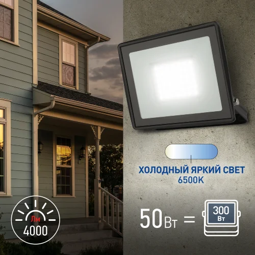 Прожектор светодиодный 50Вт 6500K 200-240V IP65 4000Лм 150х145х24мм черный Китай ЭРА , LPR-023-0-65K-050