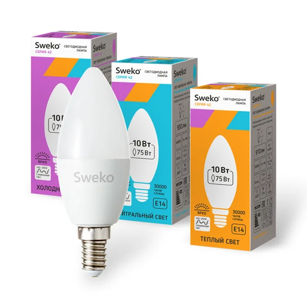 Лампа светодиодная 10Вт E14 220В 6500K 950Лм (холодный) Свеча (C35) Sweko 42 серия 42LED-C35-10W-230-6500K-E14 Лампа светодиодная 10Вт E14 220В 6500K 950Лм (холодный) Свеча (C35) Sweko 42 серия 42LED-C35-10W-230-6500K-E14