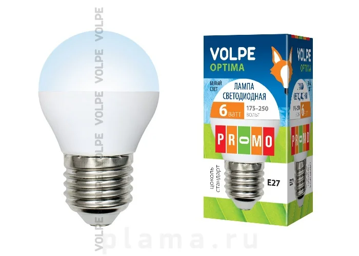 Лампа светодиодная 6W E27 220V 4500 (белый) Шарик матовый (G45) Volpe Optima FR/NW*