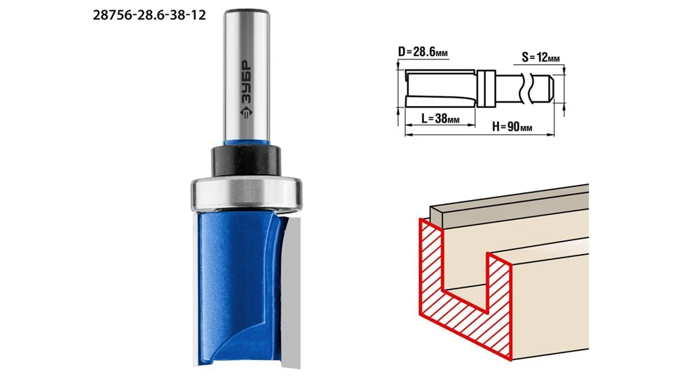 Фреза пазовая прямая с верхним подшипником, D= 28,6мм, рабочая длина-38мм, хв.-12мм, d-28,6мм, ЗУБР Профессионал
