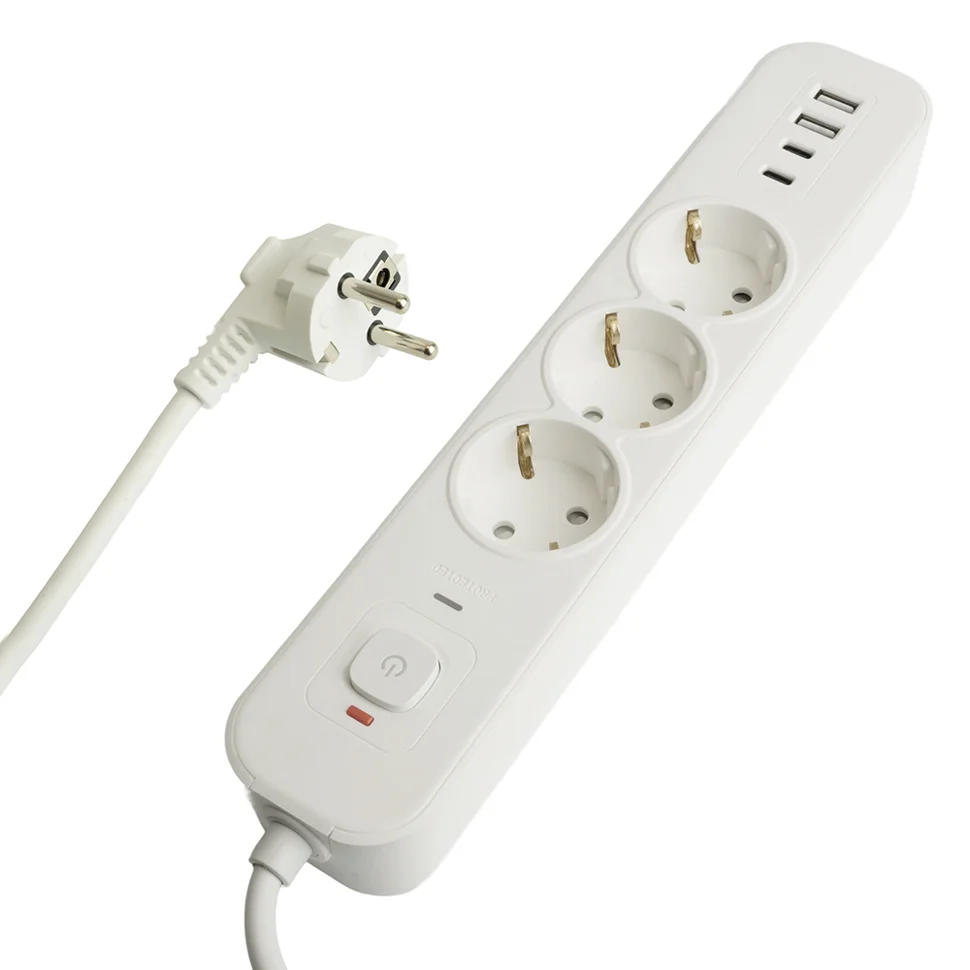 Фильтр сетевой с заземлением 3 гнезда 5 метров 3x1мм2, 250В, 16А, 2 USB-A+2 Type-C 3, HM21-31-05, белый STEKKER Nova