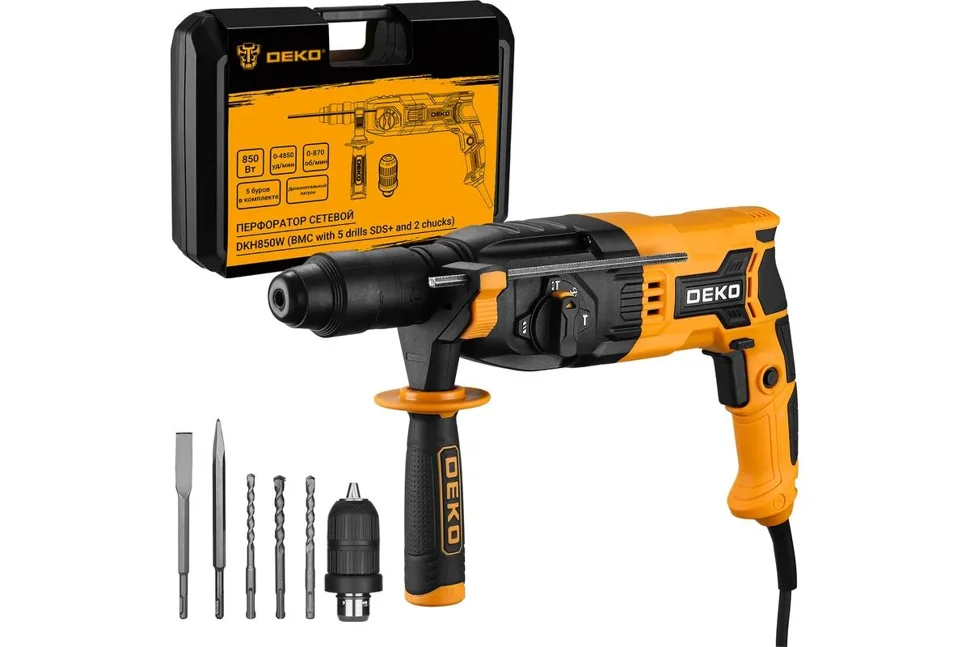 Перфоратор сетевой DEKO DKH850W в кейсе с набором из 5 буров SDS+, 850Вт