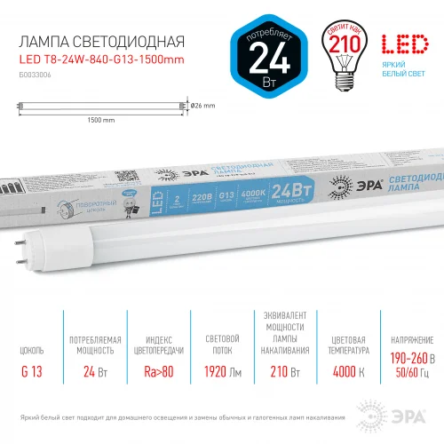 Лампа светодиодная 24W G13 (T8) 1500мм 220V 4000K 2100Лм (белый) Эра T8-24W-840-G13-1500mm