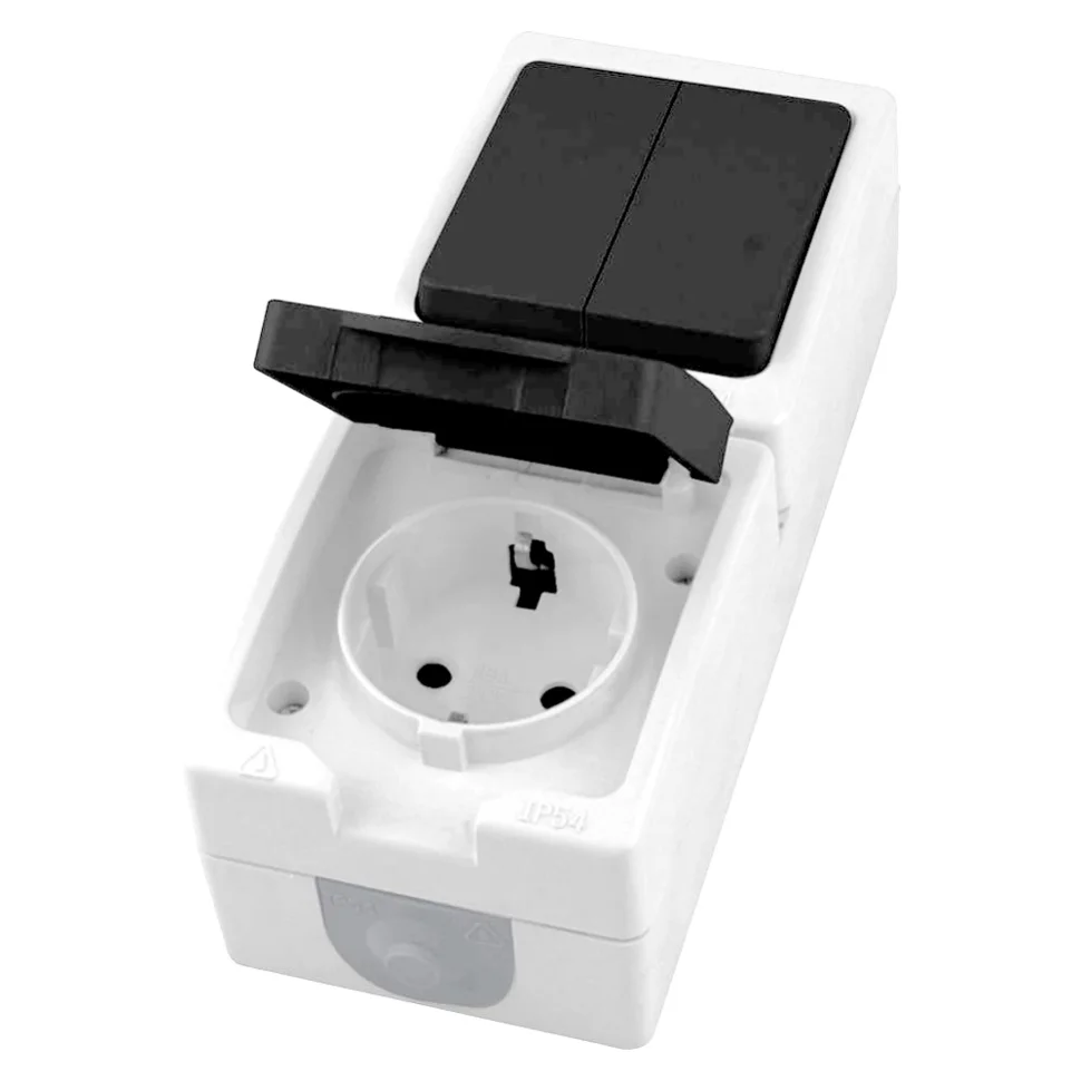 Блок вертикальный ОП, розетка 1мест с/з, 250В, 16А+выкл 2клав 250В, 10А, IP54, серый/графит PST16-11-54/10-121-54 Велена STEKKER