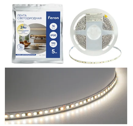 Лента светодиодная 192SMD(2835)/м 16Вт/м 24V 5000*8*1.44мм 3000К+6500K, IP20, LS504 FERON