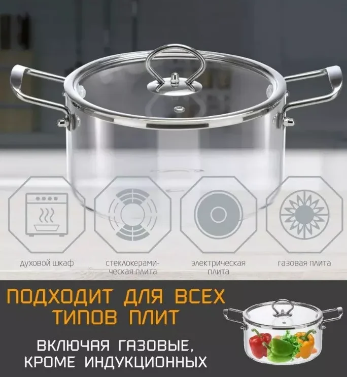Кастрюля из жаропрочного боросиликатного стекла LEONORD ITALIANO 2,5л с крышкой с пароотводом