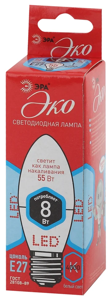 Лампа светодиодная 8W E27 220V 4000K (белый) свеча (B35) ЭРА, ECO 35-8W-840-E27
