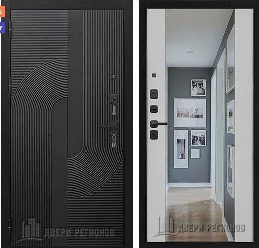 Дверь мет. REGIDOORS Орбита Z 3К 980х2050 "Л" чёрная мягкая шагрень/белоснежная мягкая шагрень зеркало
