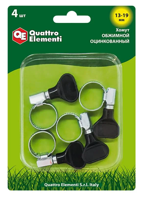 Хомут обжимной 13-19 мм, оцинкованный, с ключом, 4 шт в блистере, QUATTRO ELEMENTI Хомут обжимной 13-19 мм, оцинкованный, с ключом, 4 шт в блистере, QUATTRO ELEMENTI